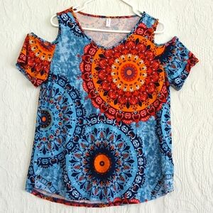 Niloufo Southwestern Short Sleeve Cold Shoulder Mandala Blue Orange Boho Western